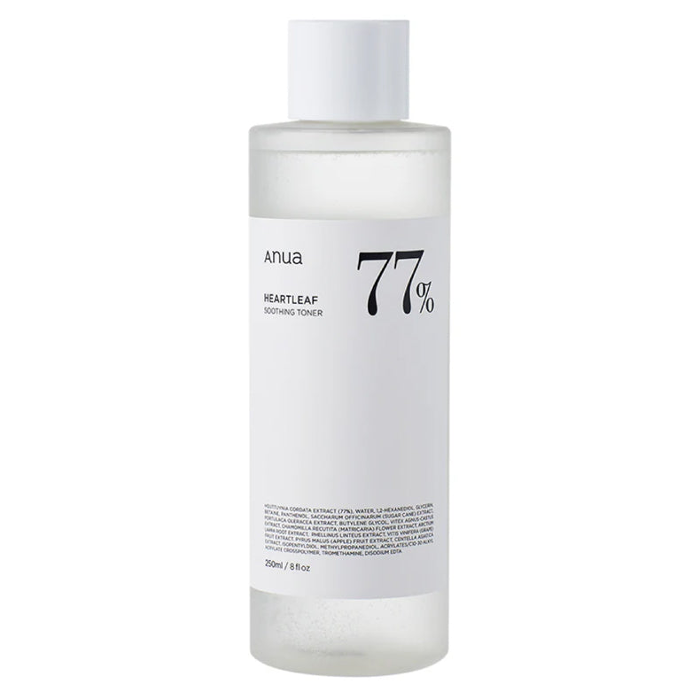 Bottle of Anua Heartleaf 77% Soothing Toner with a minimalist white label design.
