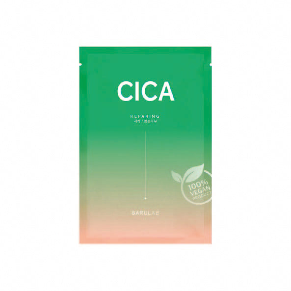 Front packaging of Barulab Clean Vegan Cica Mask Sheet, highlighting its vegan, soothing properties.