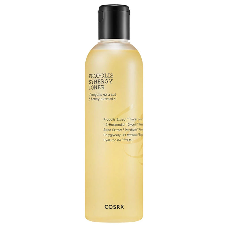 COSRX Propolis Synergy Toner bottle, featuring propolis and honey extracts.