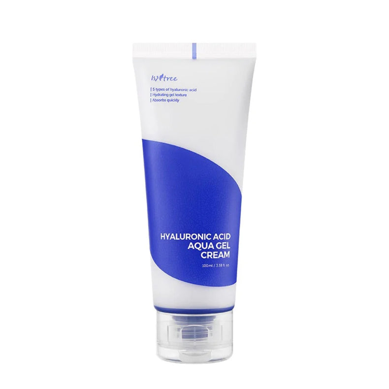 Isntree Hyaluronic Acid Aqua Gel Cream tube with a minimalist design, featuring a white and deep blue color scheme, 100ml size.