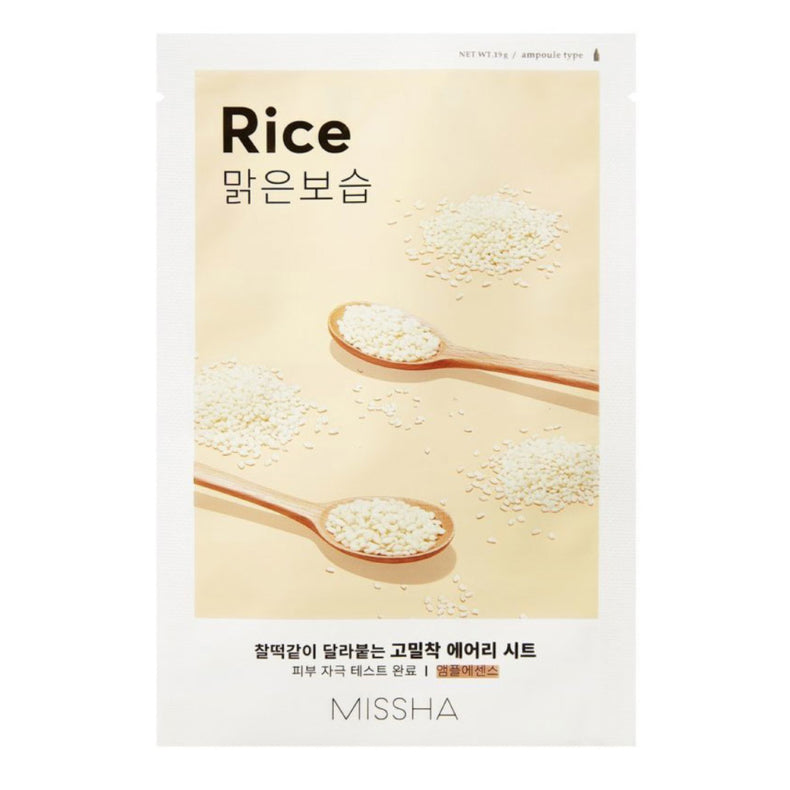 Missha Airy Fit Sheet Mask in Rice variant, featuring an image of rice grains on wooden spoons.