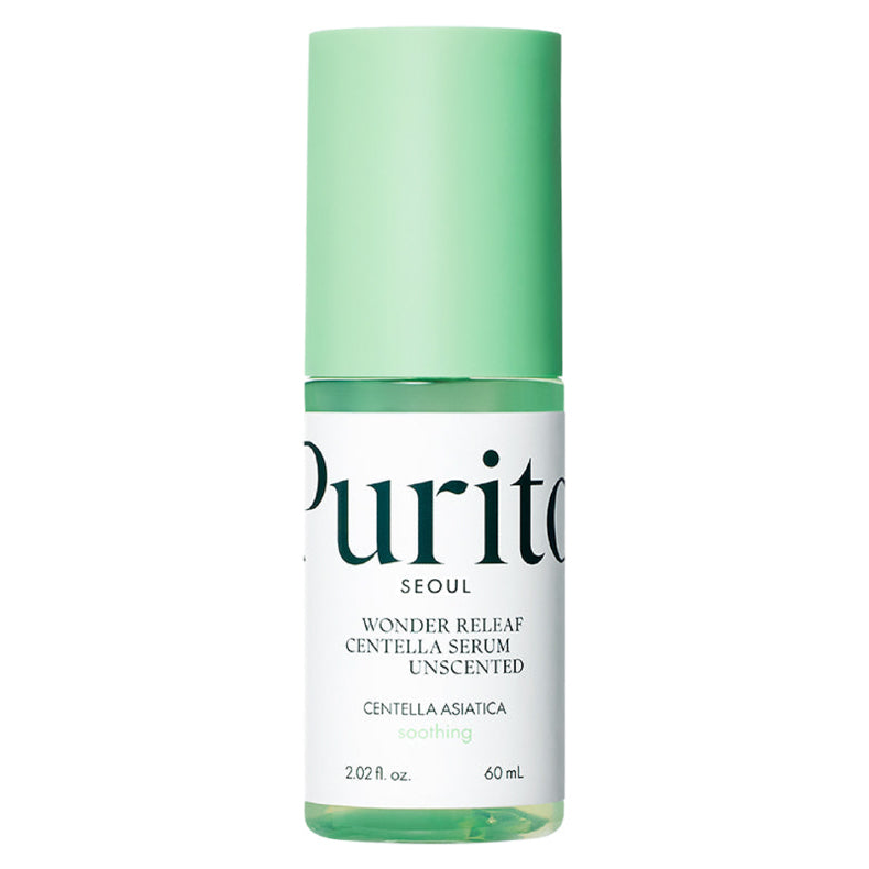 Purito Wonder Releaf Centella Serum Unscented in a 60 mL bottle with green cap, featuring a minimalistic design emphasizing the soothing Centella Asiatica ingredient.