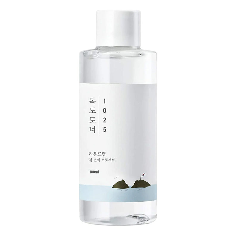 Round Lab 1025 Dokdo Toner bottle, 100ml, with minimal design and Dokdo illustration.