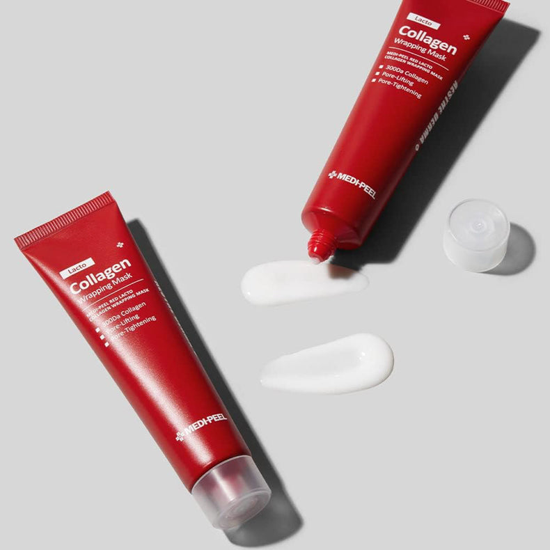 Two tubes of MEDI-PEEL Red Lacto Collagen Wrapping Mask with cream swatches on a gray background
