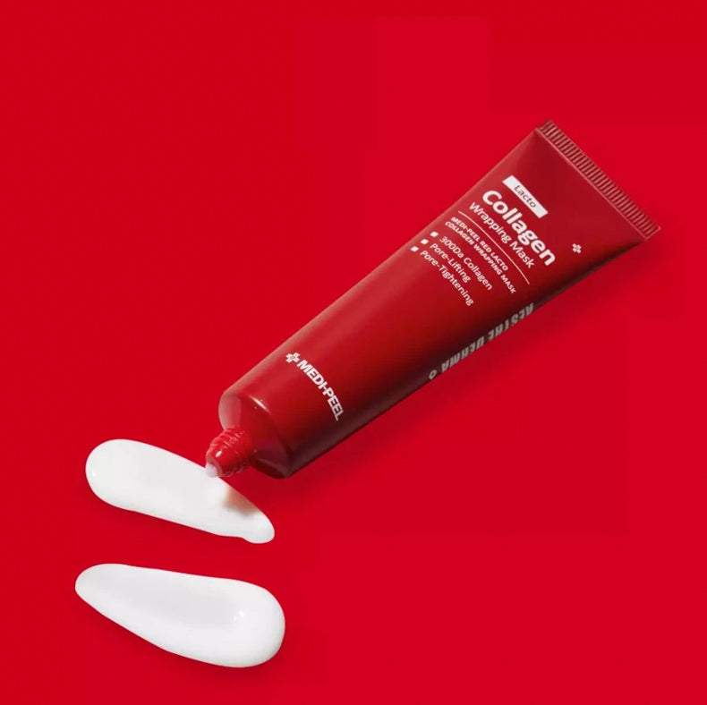 MEDI-PEEL Red Lacto Collagen Wrapping Mask tube with two cream swatches on a red background.