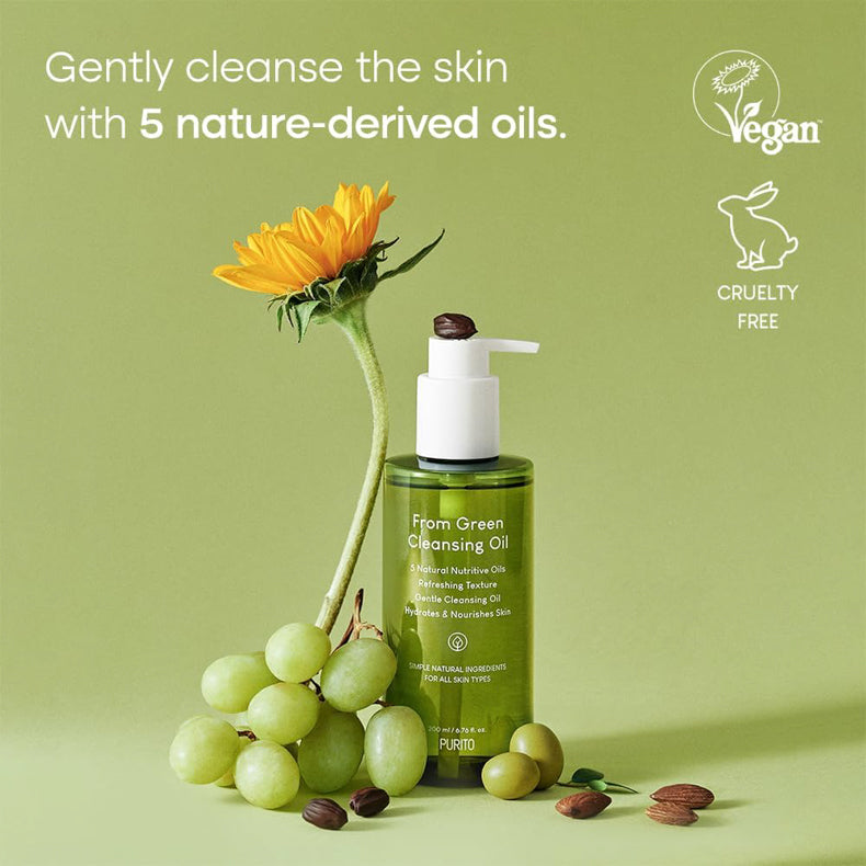 Purito From Green Cleansing Oil bottle displayed on a green background with sunflower, grapes, and olive fruits, highlighting natural ingredients and cruelty-free, vegan certifications.