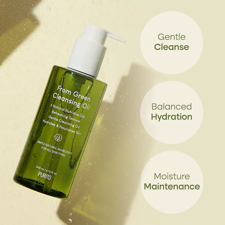 Purito From Green Cleansing Oil bottle against a light green background with water droplets. Text highlights benefits: 'Gentle Cleanse,' 'Balanced Hydration,' and 'Moisture Maintenance.