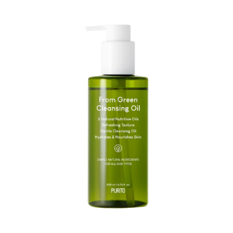 Purito From Green Cleansing Oil bottle with pump dispenser, highlighting natural ingredients for gentle cleansing and skin nourishment.