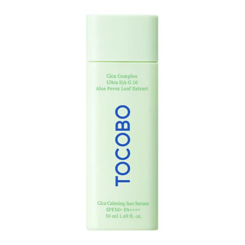 TOCOBO Cica Calming Sun Serum SPF50+ PA++++ in a light green bottle.