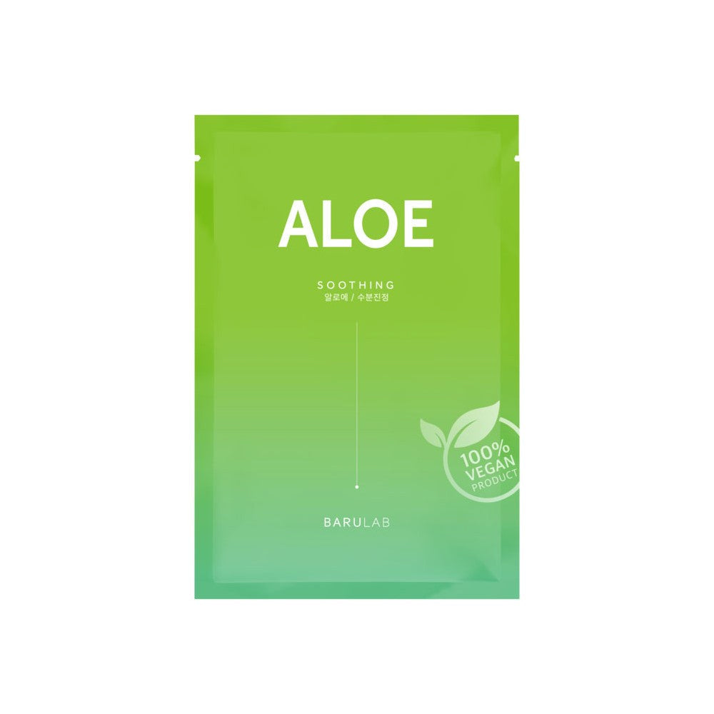 Front of packaging for Barulab Clean Vegan Aloe Mask Sheet, featuring aloe as a key soothing ingredient