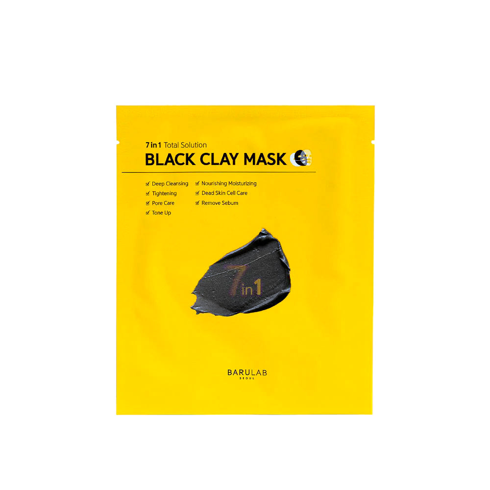 Afbeelding van de voorkant van de verpakking van het 7-in-1 Total Solution Black Clay Mask van Barulab, met een strak en modern zwart ontwerp en witte tekst die de productnaam en -specificaties weergeeft