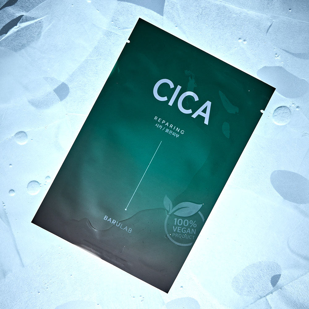 Close-up of Barulab Clean Vegan Cica Mask Sheet out of packaging, displaying the sheet masks.