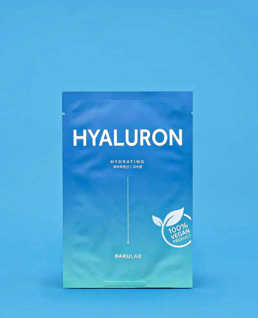 Single package of Barulab Clean Vegan Hyaluron Mask Sheet against a soft blue background.