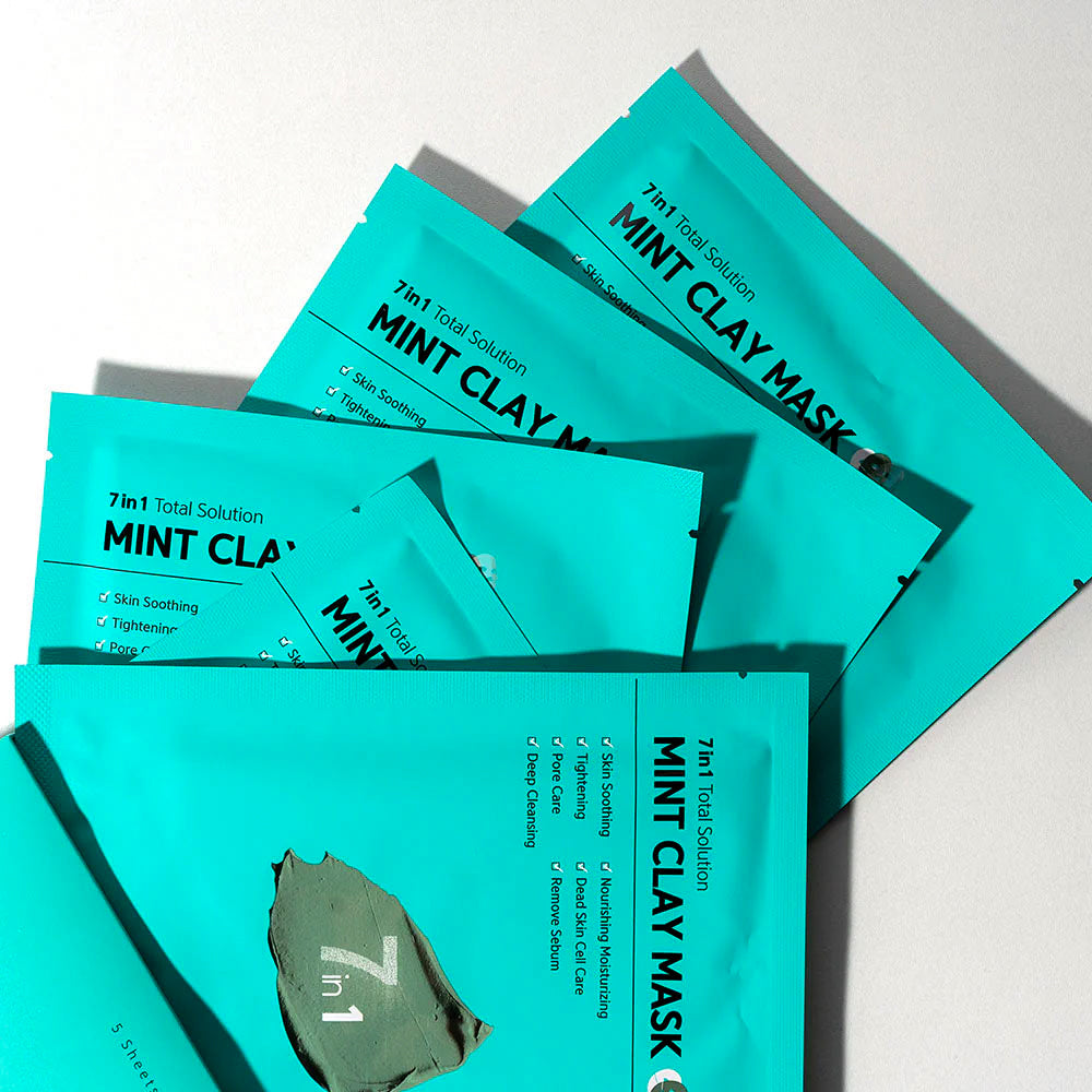 Five packaged of the 7in1 Total Solution Mint Clay Masks Barulab displayed together 