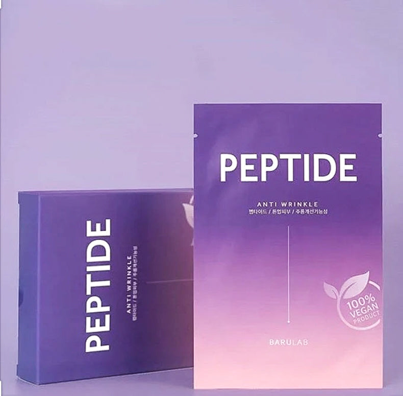 Single package of Barulab Clean Vegan Peptide Mask Sheet displayed in front of its box, which lies on its side in the background.