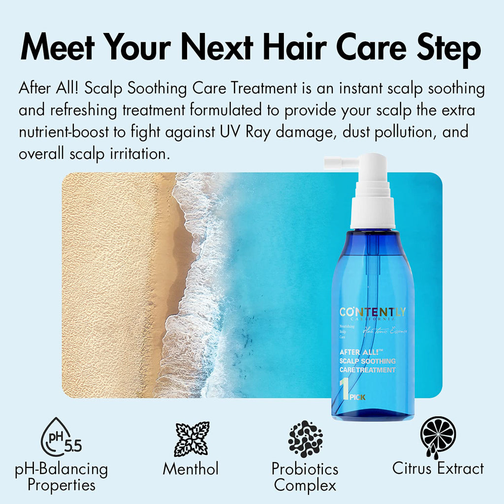 Promotional image for Contently After All! Scalp Soothing Care Treatment, highlighting benefits like UV protection, pollution defense, and scalp soothing with pH-balancing, menthol, probiotics, and citrus extract. Background includes a beach scene with sand and ocean waves.