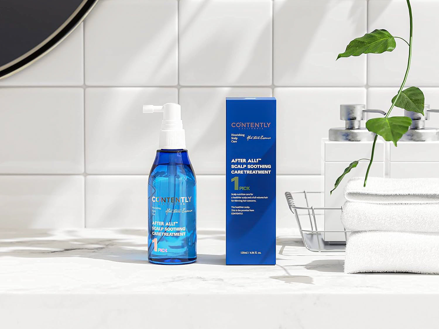 After All! Scalp Soothing Care Treatment bottle next to its packaging in a calm, zen-like bathroom setting with white tiled walls, soft towels, and soap dispensers, creating a peaceful atmosphere.