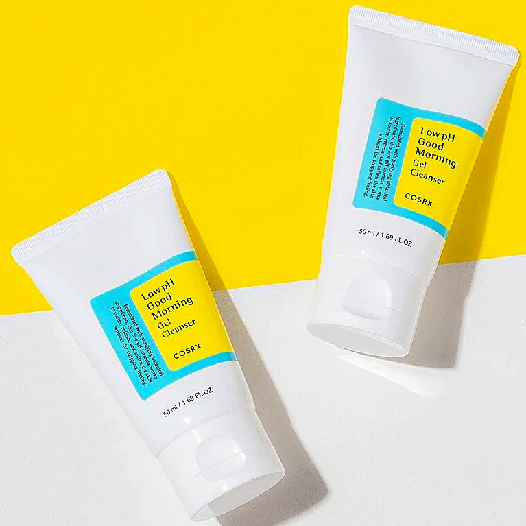 Two COSRX Low pH Good Morning Gel Cleanser tubes on a white and yellow background.