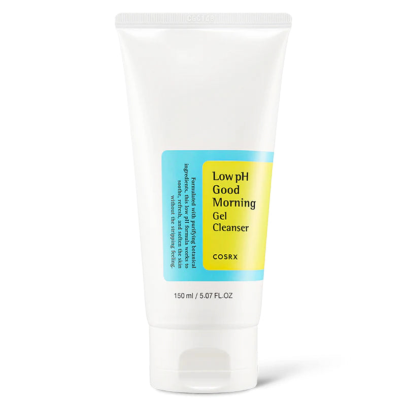 Tube of COSRX Low pH Good Morning Gel Cleanser, featuring a simple design with a blue and yellow label indicating it is a gentle, low pH cleanser.