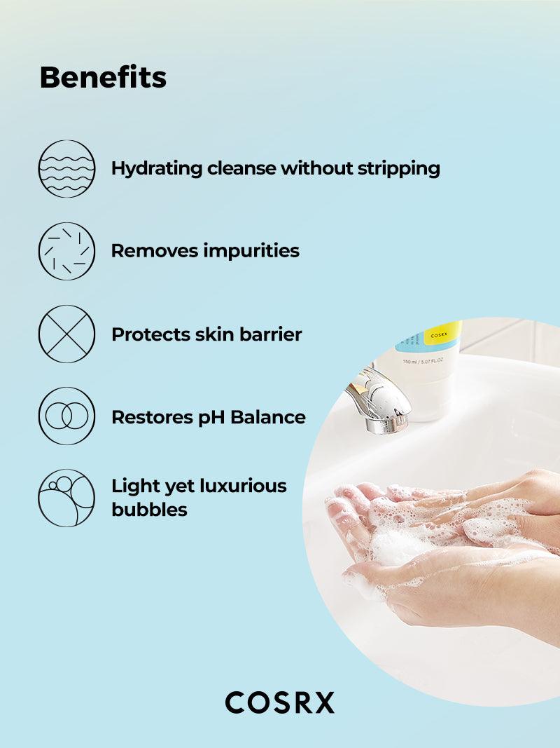 Benefits of COSRX Low pH Good Morning Gel Cleanser: hydrating, removes impurities, protects skin barrier, restores pH balance, and creates light bubbles.