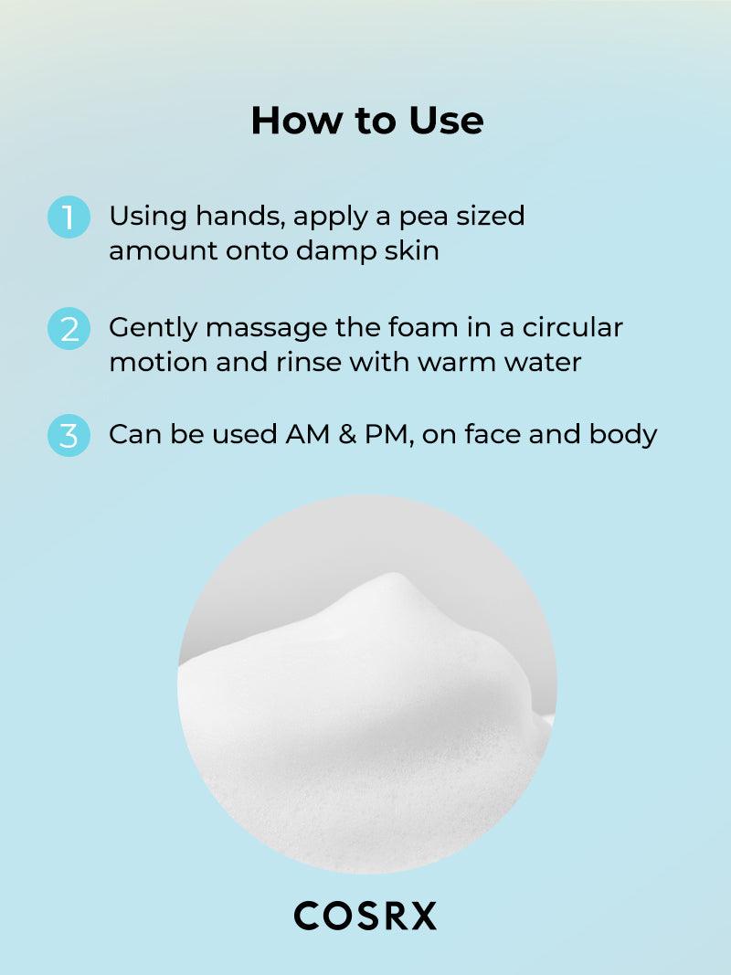 Instructions for using COSRX Low pH Good Morning Gel Cleanser with an image of the product's foam texture.