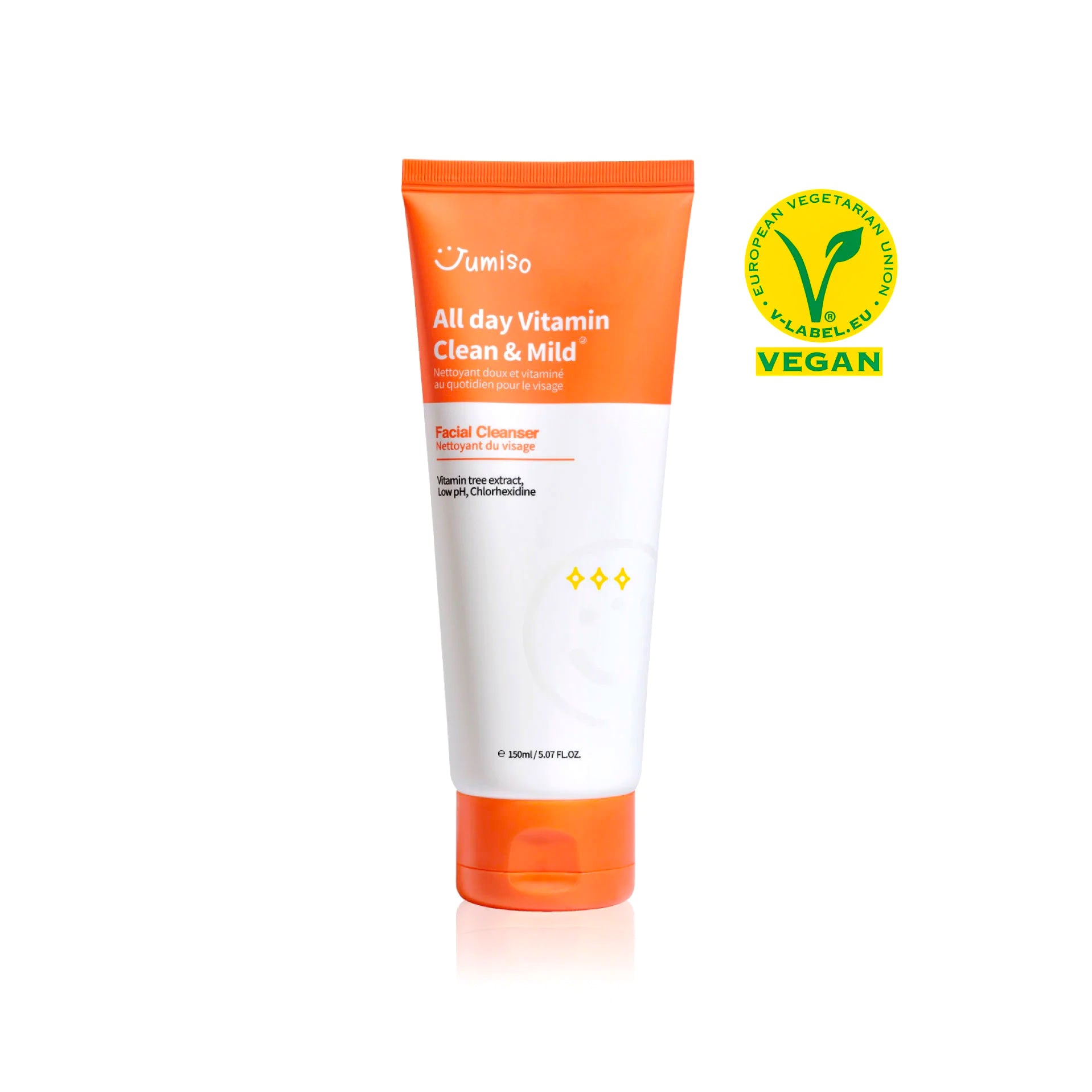 Jumiso All Day Vitamin Clean & Mild Facial Cleanser in an orange and white tube, featuring a vegan certification label from the European Vegetarian Union.