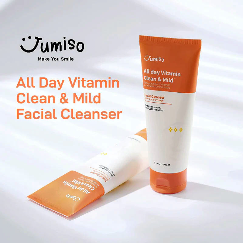 Jumiso All Day Vitamin Clean & Mild Facial Cleanser displayed with a graphic background showing day and night symbols, and the tagline 'Day and Night, All Day Vitamin.