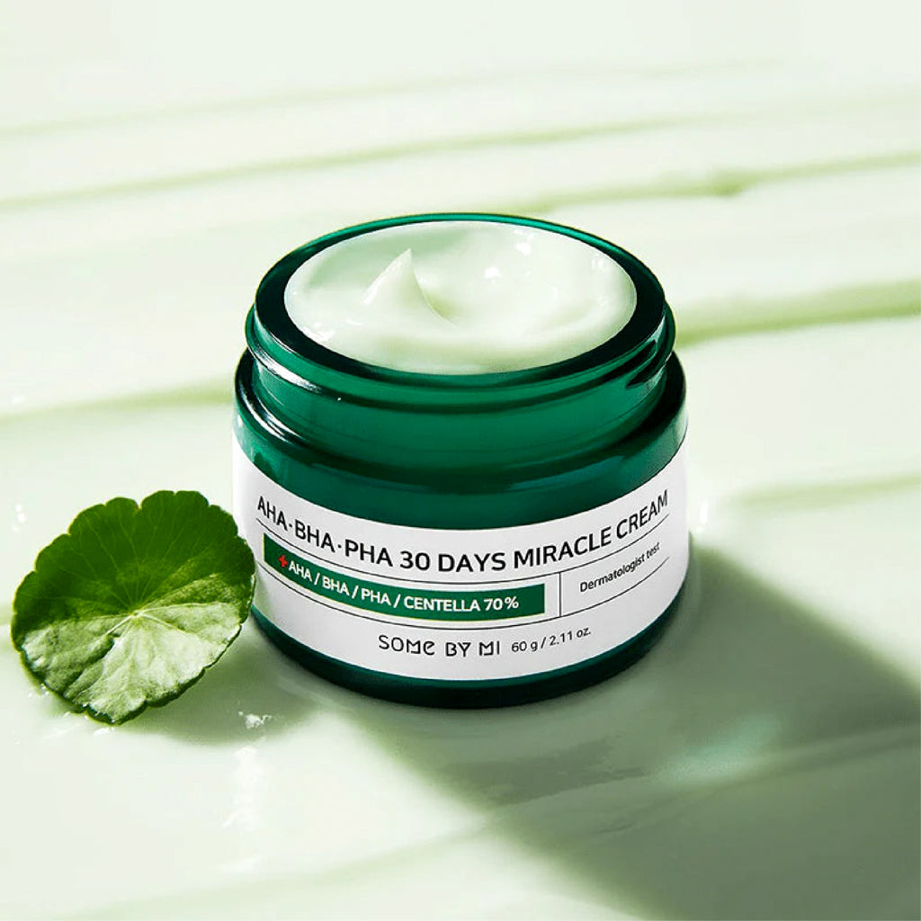 Aha•Bha•Pha 30 days Miracle Cream Some By Mi open jar with leaf